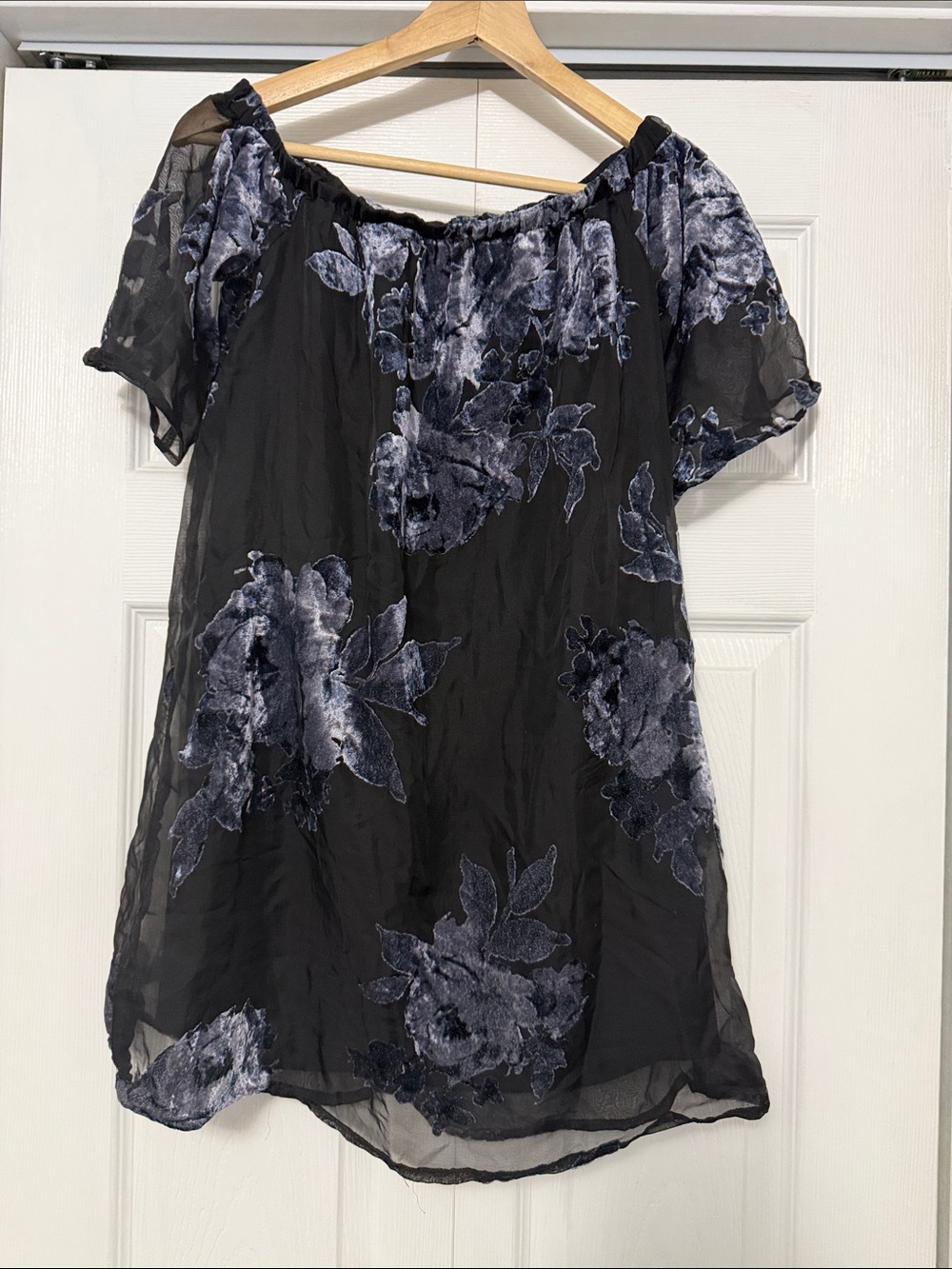 As U Wish Black Off-Shoulder Top with Blue Floral Velvet Burnout